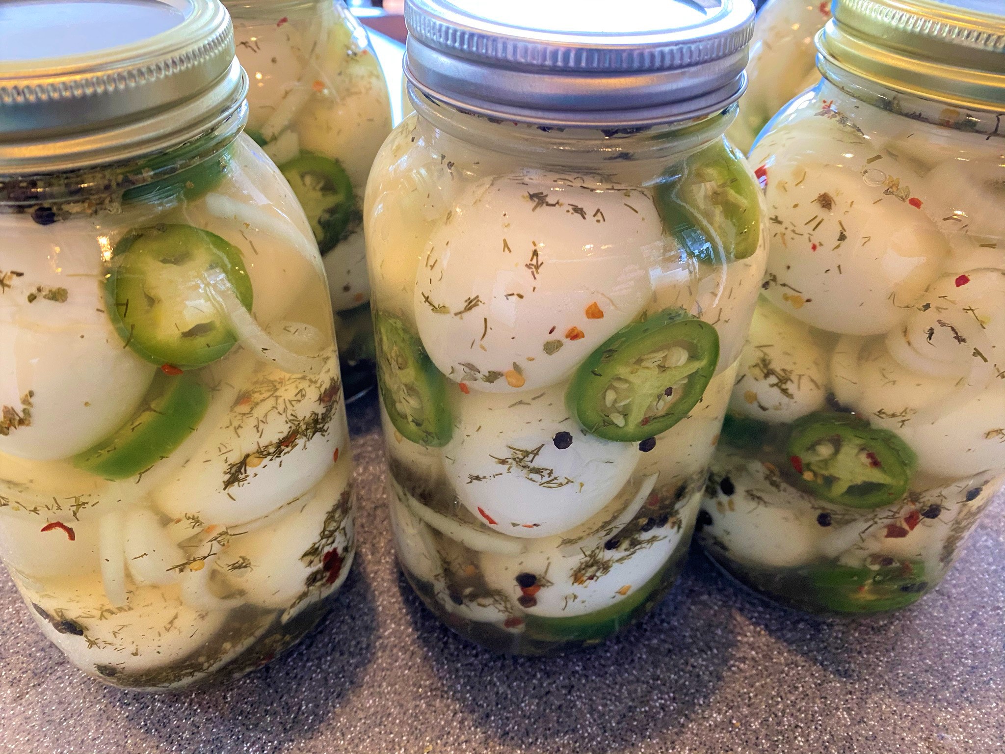 A jar of Belle's jalapeno pickled eggs